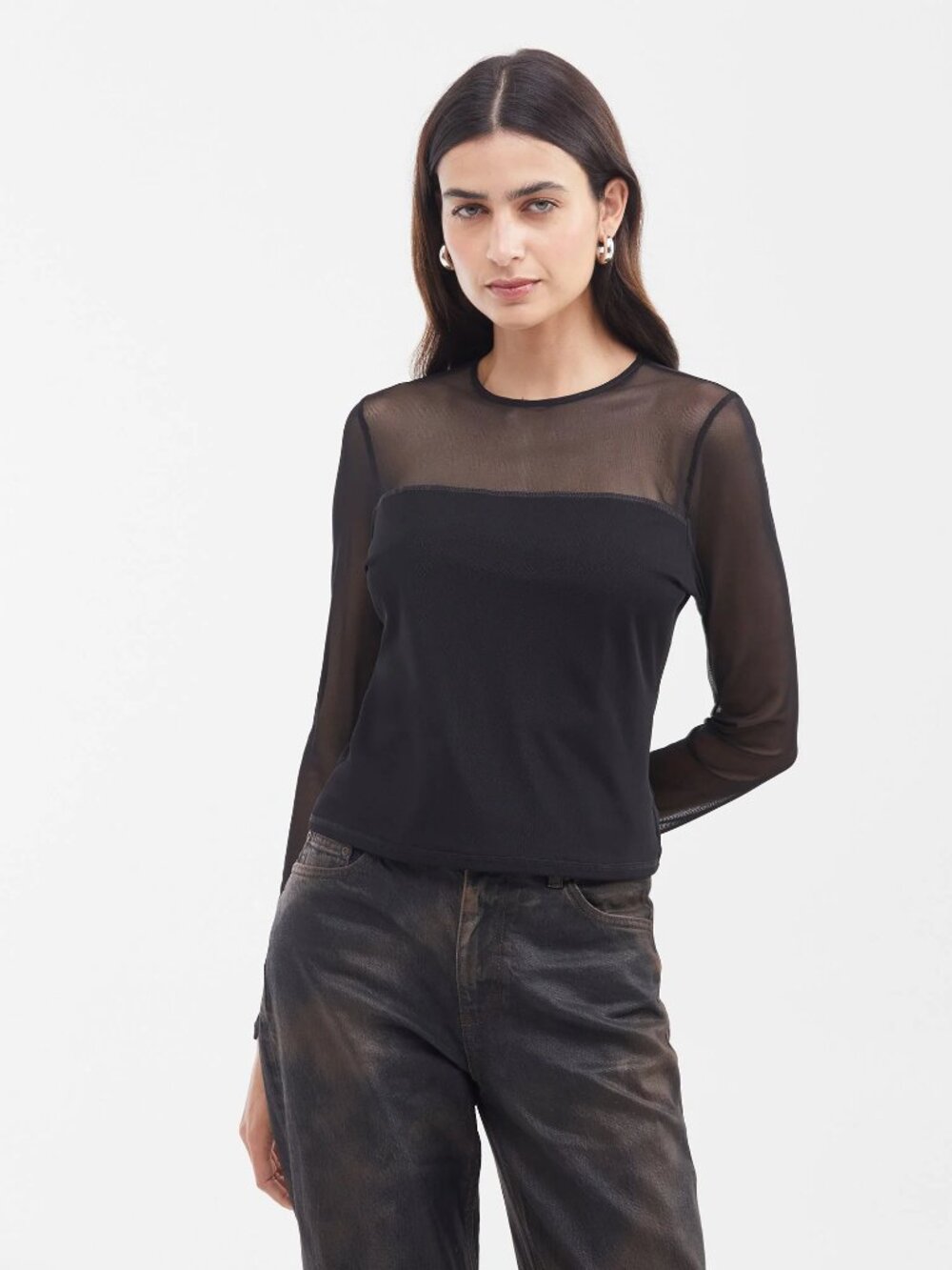 Chevignon NWT Black Sheer Mesh Long Sleeve Fitted Top See Through Size L